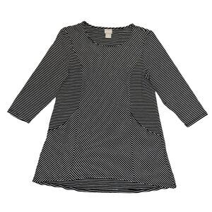 Chicos 0 Top Small Black White Stripes Stretch 3/4 Sleeve Pockets Tunic Blouse